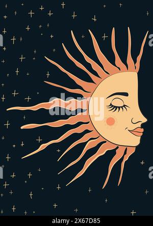 stylized vector illustration of ancient folk representations of the sun and moon. The sun, with a half-face design featuring plump lips and closed eye Stock Vector