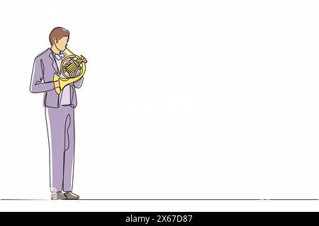 Single continuous line drawing male musician in suit performing classic melody on French horn. Instrumentalist playing music on brass instrument. Man Stock Vector