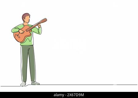 Single continuous line drawing young man playing acoustic guitar. Teenage boy musician playing strings at musical performance. Professional musician. Stock Vector