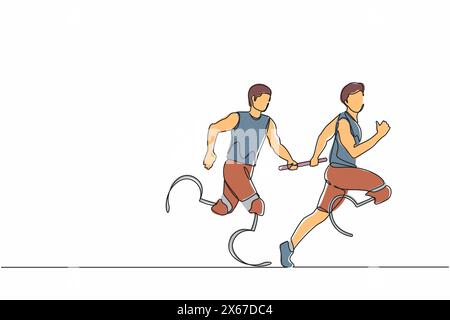 Continuous one line drawing two disable runners with prosthesis leg, disability men, amputee athletes, amputees running in relay race handing over the Stock Vector