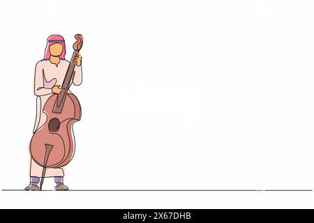 Continuous one line drawing double bass player standing with big string instrument. Arab man musician playing classical music with fingers. Profession Stock Vector