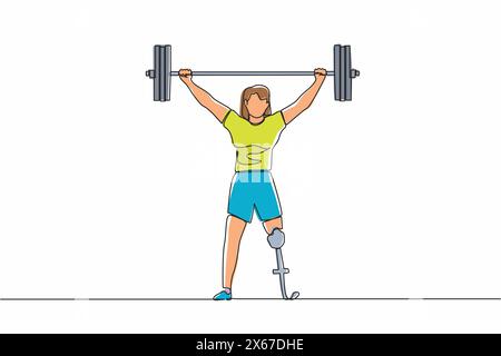 Continuous one line drawing strong disabled bodybuilder sportswoman lifting heavy weight barbell over her head. Weightlifting sport for disability. Si Stock Vector