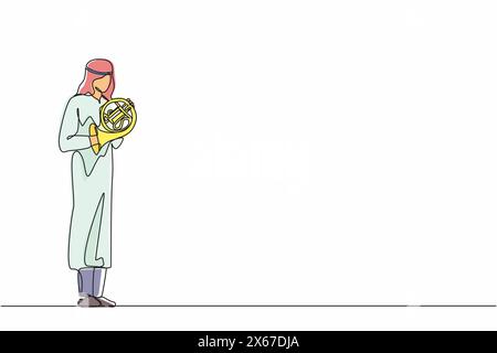Single continuous line drawing Arabian male musician performing classic melody on French horn. Instrumentalist playing music on brass instrument. Man Stock Vector