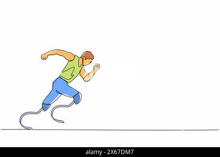Single continuous line drawing disabled athlete runs on prostheses. Male disability runs. Disabled sportsman with amputated foot. Disabled sport, disa Stock Vector