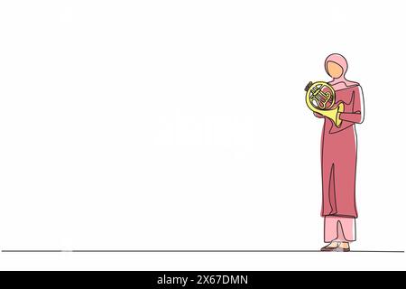 Single continuous line drawing Arab female musician in hijab performing classic melody on French horn. Instrumentalist playing music instrument. Woman Stock Vector
