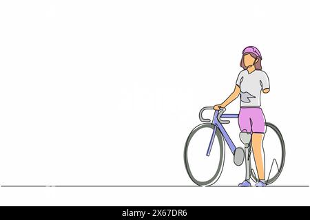 Single continuous line drawing woman with prosthetic leg standing beside her bicycle bike. Sport training. Disability game. Disabled rehabilitation, r Stock Vector