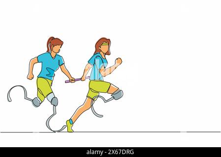 Single continuous line drawing two disable runners with prosthesis leg, disability women, amputee athletes, amputees running in relay race handing ove Stock Vector