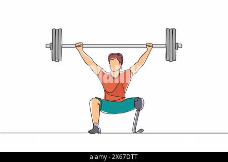 Single continuous line drawing disabled woman weightlifter with amputated legs. Female amputee, heavyweight sportswoman. Bionic prosthetic improving l Stock Vector