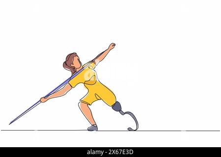 Continuous one line drawing disabled athlete throwing spear with prosthesis leg. Disabled sportswoman with amputated foot. Disabled sport, disability Stock Vector