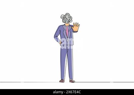 Continuous one line drawing businessman with round scribbles instead of head. Angry business man or strict boss standing and rejecting something with Stock Vector