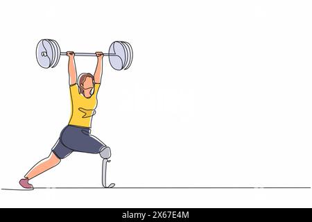 Single one line drawing disability young female powerlifter lifting barbell. Disabled sportswoman workout. Professional weightlifting exercise. Contin Stock Vector