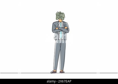 Continuous one line drawing businessman with round scribbles instead of head. Male manager in blazer keeping arms crossed. Male standing with folded a Stock Vector