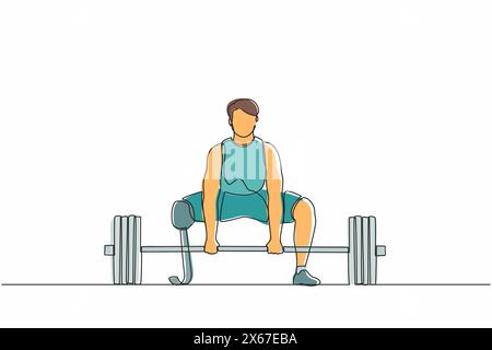 Single continuous line drawing disabled male athlete exercising lifting weights. Disabled young man training in the gym with barbell. Disability sport Stock Vector
