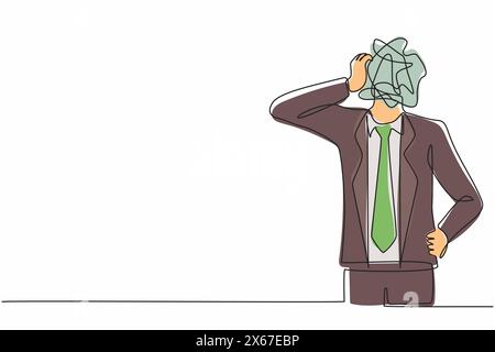 Single one line drawing businessman with round scribbles instead of a head. Doubting man. Memory and solution, searching and thinking concept. Continu Stock Vector