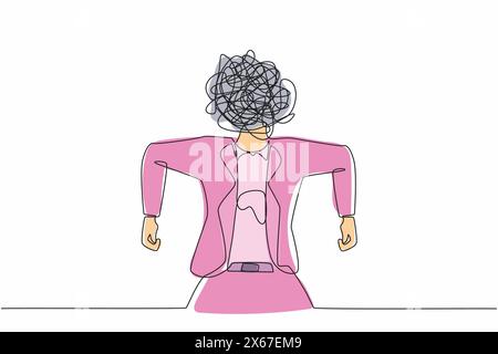 Single continuous line drawing businesswoman with round scribbles instead of a head. Angry female manager. Emotional executive in rage. Feeling anger. Stock Vector