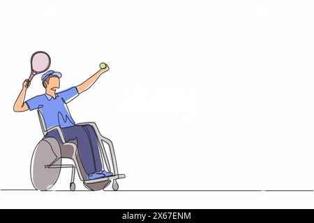 Single continuous line drawing male athlete with disability playing tennis sitting in wheelchair. sportsman holding racket and serve the ball. One lin Stock Vector