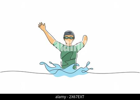 Single one line drawing swimming person with disability athlete playing in tournament games. sportswoman, sport, success, championship. Continuous lin Stock Vector