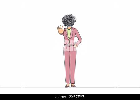 Single continuous line drawing businesswoman with round scribbles instead of head. Angry business woman or strict boss standing, rejecting something w Stock Vector