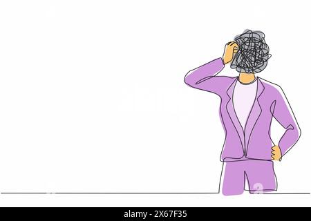 Continuous one line drawing businesswoman with round scribbles instead of a head. Doubting woman. Memory and solution, searching, thinking concept. Si Stock Vector