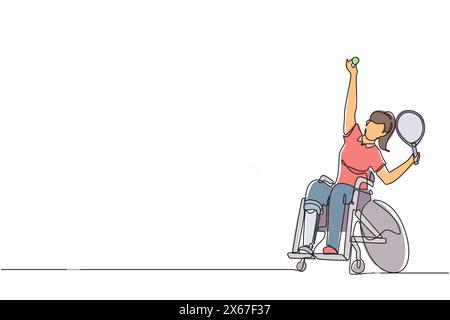 Single continuous line drawing wheelchair tennis sport. athlete in wheelchair with racket. Active people. Woman. Disability, social policy. Social sup Stock Vector