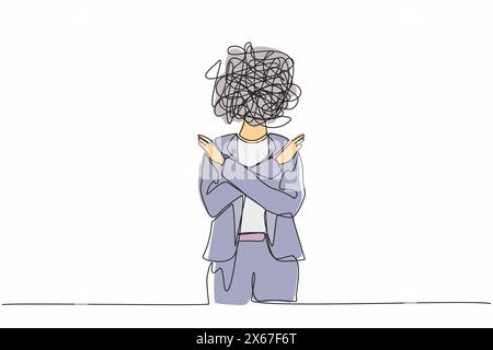 Single continuous line drawing businesswoman with round scribbles instead of a head. Office worker, making no hand sign or x symbol, crossing hands, r Stock Vector
