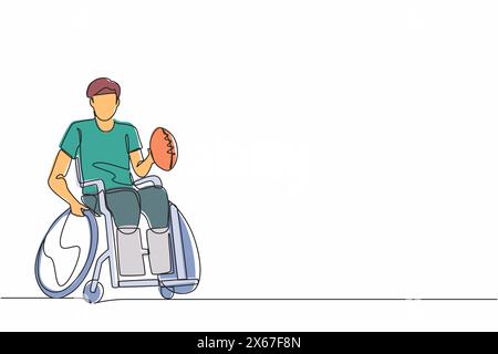 Single continuous line drawing American football player recovering from injury on wheelchair. man playing on sport competition. Athlete with physical Stock Vector
