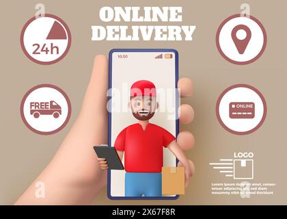 3D delivery icons. Online order in mobile phone. Free home app. Smartphone screen. Courier logistic application. Deliveryman holding box in hands. Ser Stock Vector