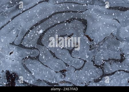 Frozen puddle with patterns in ice and small air bubbles Stock Photo