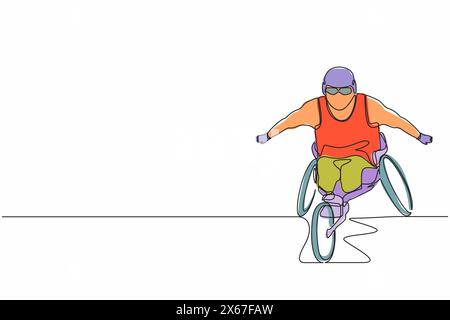 Continuous one line drawing disabled race male athlete wheelchair sport competition. Disability games championship. Hobbies and interests of people wi Stock Vector
