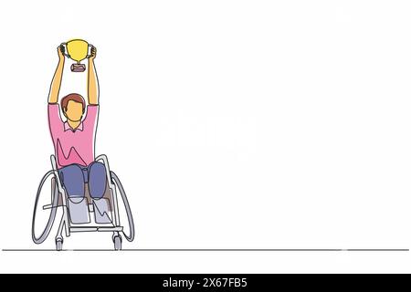Single continuous line drawing disability man in wheelchair hold golden cup trophy winner. person rehabilitation. Game tournament, sport training, cha Stock Vector