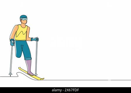 Single one line drawing male athlete skier without legs skiing in snow. sportsman with skis and poles in glasses in winter. Sport, tournament. Continu Stock Vector