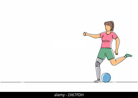 Continuous one line drawing disabled woman athlete playing football. Disability soccer player with leg prosthesis. Match, competition. sport training. Stock Vector