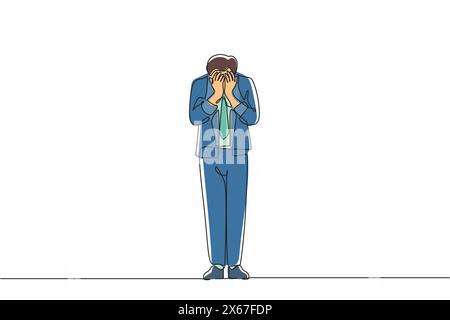 Continuous one line drawing businessman cover his face by hands and crying. Depression disorder, sad, sorrow, disappointment. Psychological therapy an Stock Vector