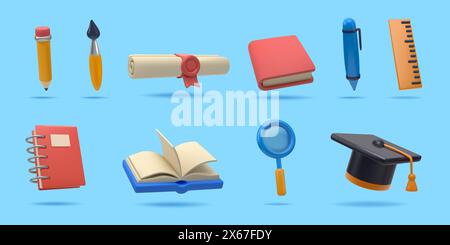 3D stationery. School book. Studying notebook. Pen and pencil for education. Graduation hat. Office paper notepad. Magnifier and eraser. Learning text Stock Vector