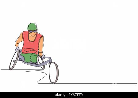 Single continuous line drawing racing on the sports wheelchair. Disability sportsman in games tournament. Hobbies and interests of people with disabil Stock Vector