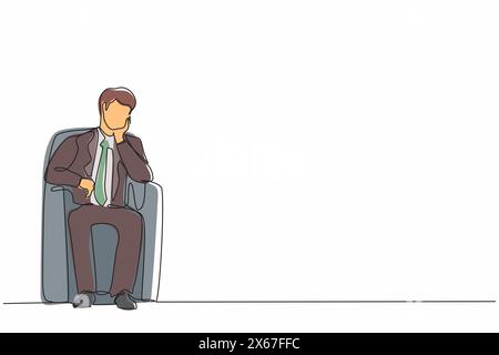 Single continuous line drawing businessman sitting at sofa in living room, feeling stressed, alone. Anxious worker sit on couch, crying, feel frustrat Stock Vector