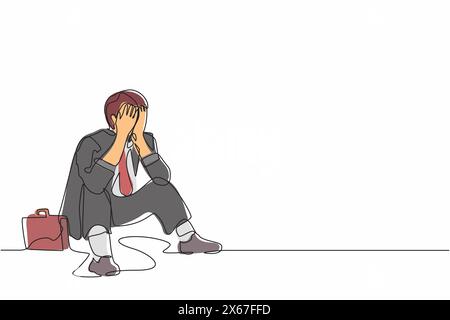 Single continuous line drawing sad businessman cover his face by hands and sitting on the floor. Depression disorder, sad, sorrow, disappointment symp Stock Vector