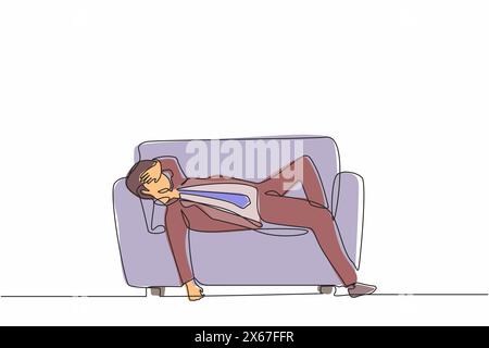 Single one line drawing unhappy businessman sad tired sleepy mood resting on sofa. Frustrated worker holding his head lying on sofa. Stressed and anxi Stock Vector