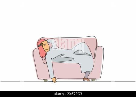 Single one line drawing unhappy Arab businessman tired sleepy mood resting on sofa. Frustrated worker holding his head lying on sofa. Stressed, anxiet Stock Vector