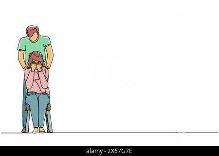 Single one line drawing man comforting crying woman and touching her shoulders. Female suffering from anxiety, loneliness, trying to cope with depress Stock Vector