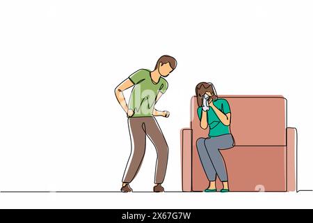Single continuous line drawing man abusing woman. Young couple quarrel, guy screaming and girl crying sitting on sofa. Family violence. Emotional pers Stock Vector