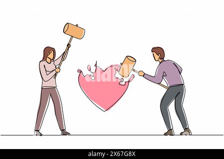 Single continuous line drawing angry couple husband and wife using big hammer to hit broken heart shape. Marriage problem, divorce, violence in broken Stock Vector