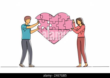 Single one line drawing young loving couple standing and forming huge heart puzzle from pieces together. Love togetherness and romance concept. Contin Stock Vector