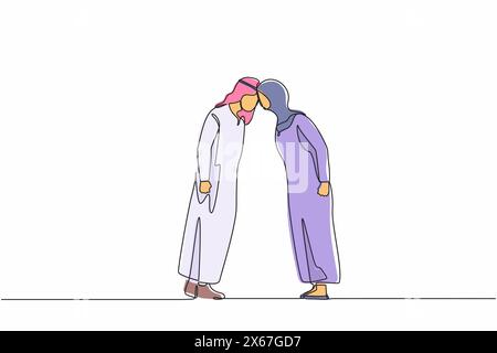 Single continuous line drawing Arab man and woman arguing scream at each other engaged in family fight. Stubborn angry husband and wife yell shout, ar Stock Vector