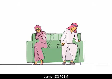 Continuous one line drawing sad unhappy Arabian husband and wife sitting on couch and keeping silence after quarrel at home. Problems in communication Stock Vector