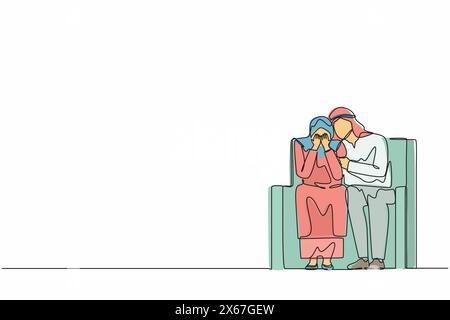 Single continuous line drawing caring Arab man sitting on sofa, hugging shoulder of depressed woman and trying to help or support her. Support, mental Stock Vector