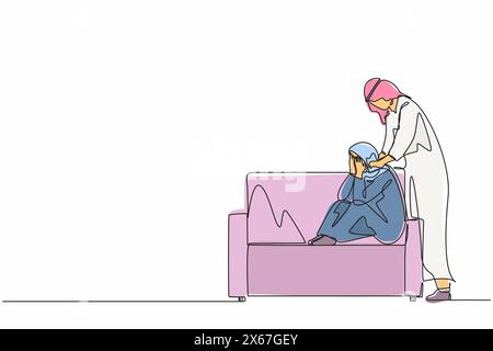 Continuous one line drawing Arab man giving support and comfort to depressed crying woman, touching shoulders, helping to go through stress and anxiet Stock Vector