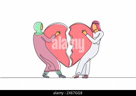 Single continuous line drawing lovers broken heart. Young Arab man, woman pulled apart causing each other feel great sorrow, couple in disagreement at Stock Vector