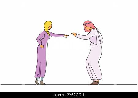 Continuous one line drawing angry aggressive Arabian couple man husband woman wife yelling and quarrelling together. Furious dispute discussion or dis Stock Vector
