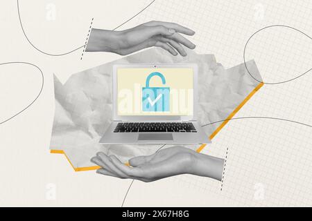 Composite photo collage of hand show unlock macbook device hacker cyberattack spyware decode soft success isolated on painted background Stock Photo